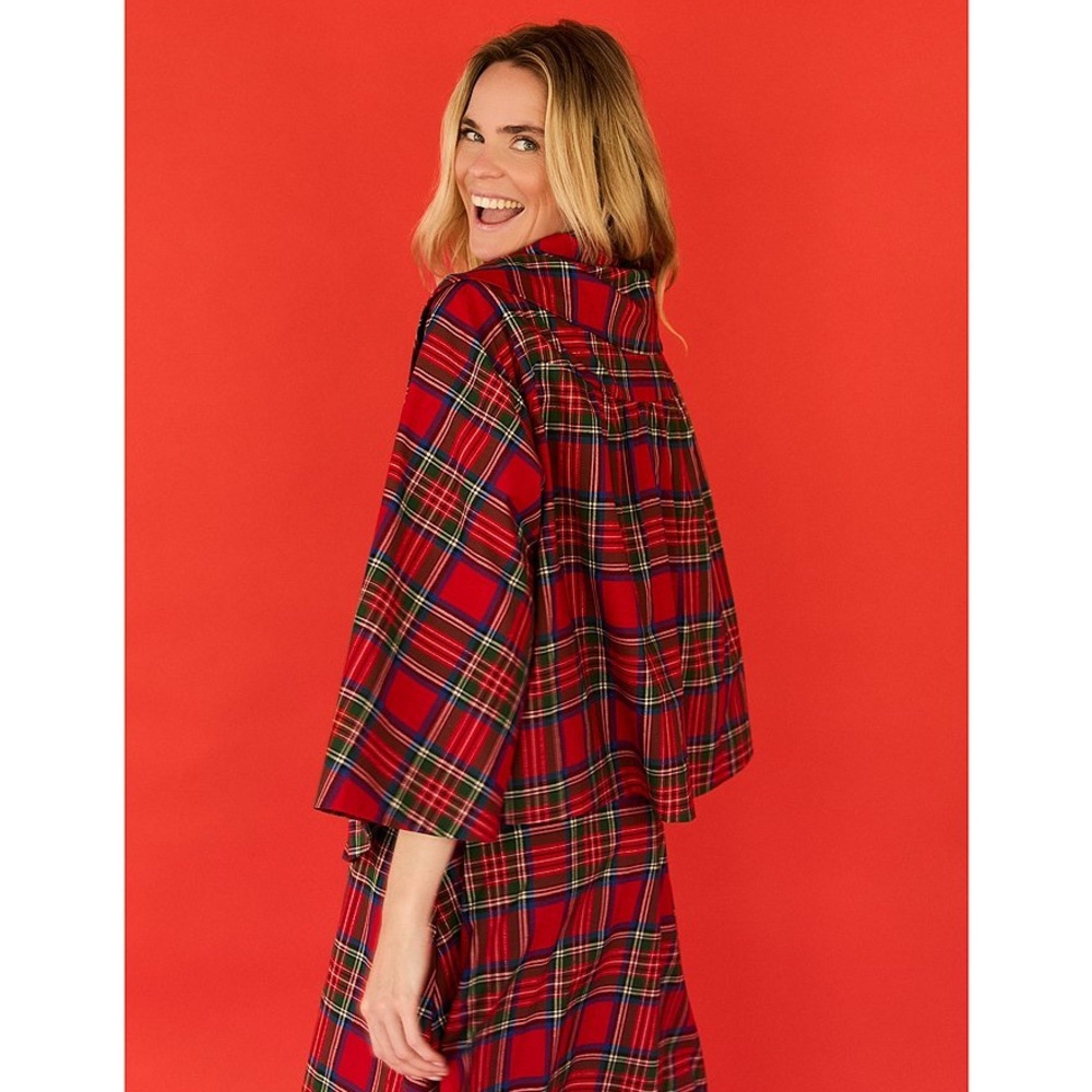 NWT Buru Grace Coordinating Tartan Printed Brocade Oversized Point Collar Coat - Picture 2 of 9